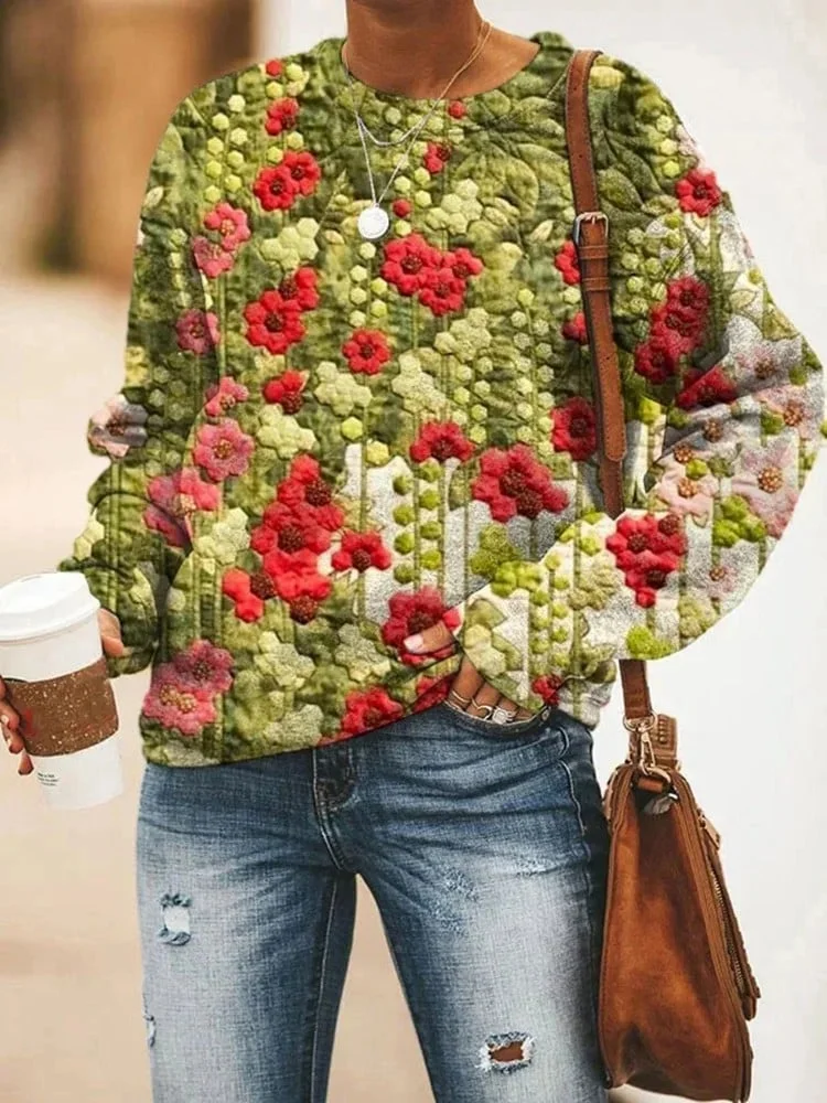 Women's Vintage Poppy Leaves Print Sweatshirt