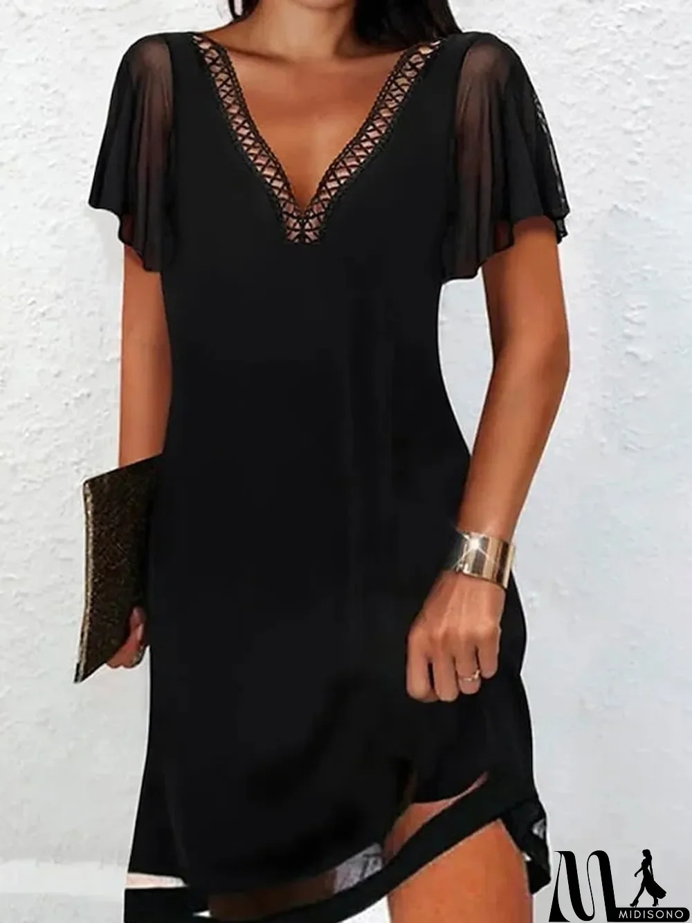 MidiSono - Women's Casual Dress Lace Dress Mini Dress Black Short Sleeve Pure Color Contrast Lace Summer Spring V Neck Modern S M L XL 2XL 3XL