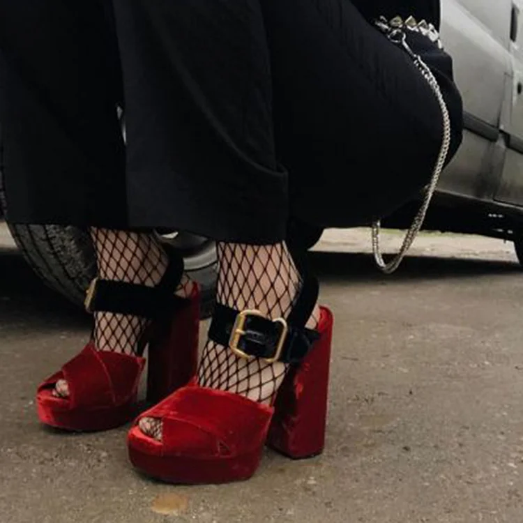 Black & Red Peep Toe Sandal Velvet Platform Shoes Vintage Chunky Heels |FSJ Shoes