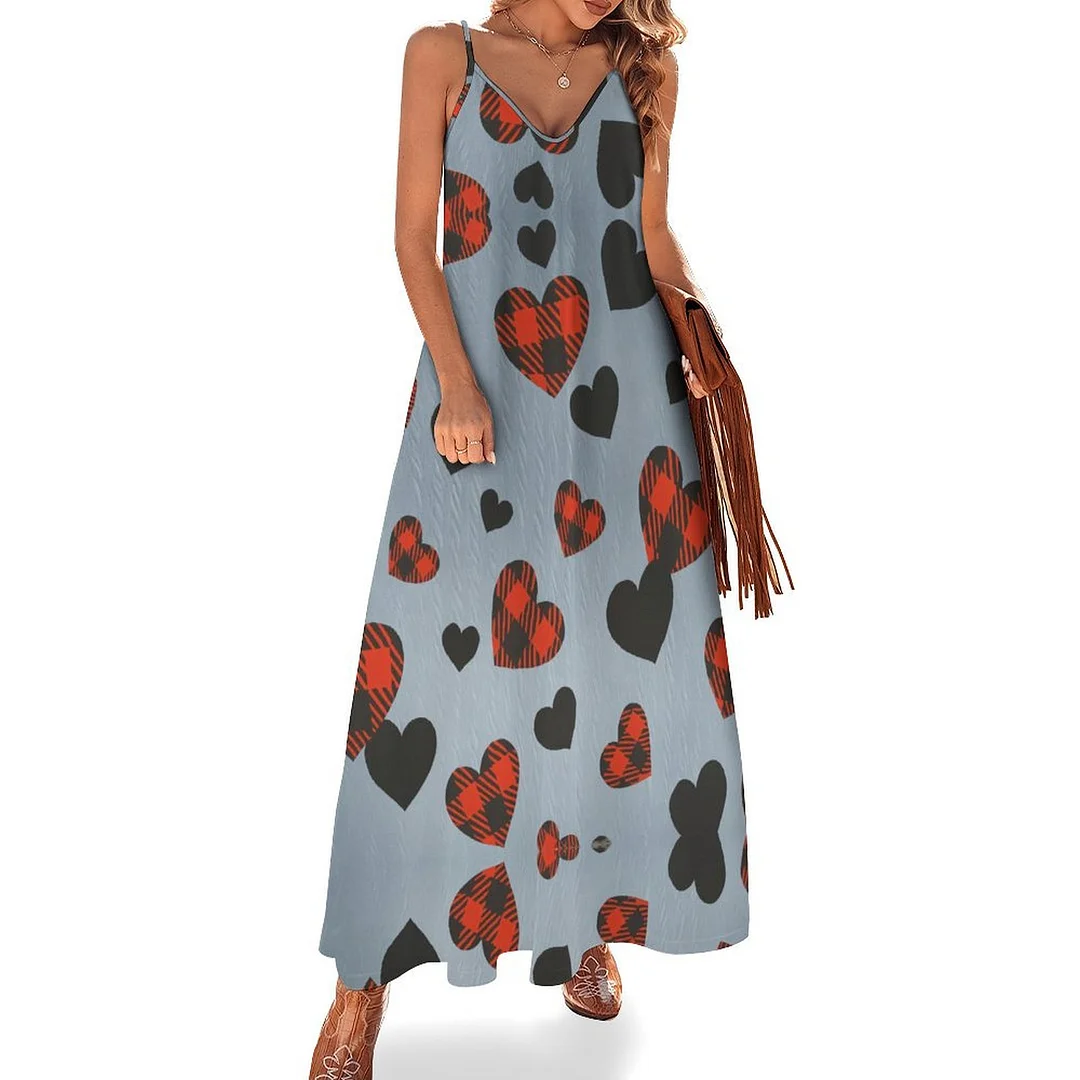 Style & Comfort for Mature Women Plus Size Printed Sling Casual Women Maxi Dress in Pattern Heart, Love, Valentine's Day