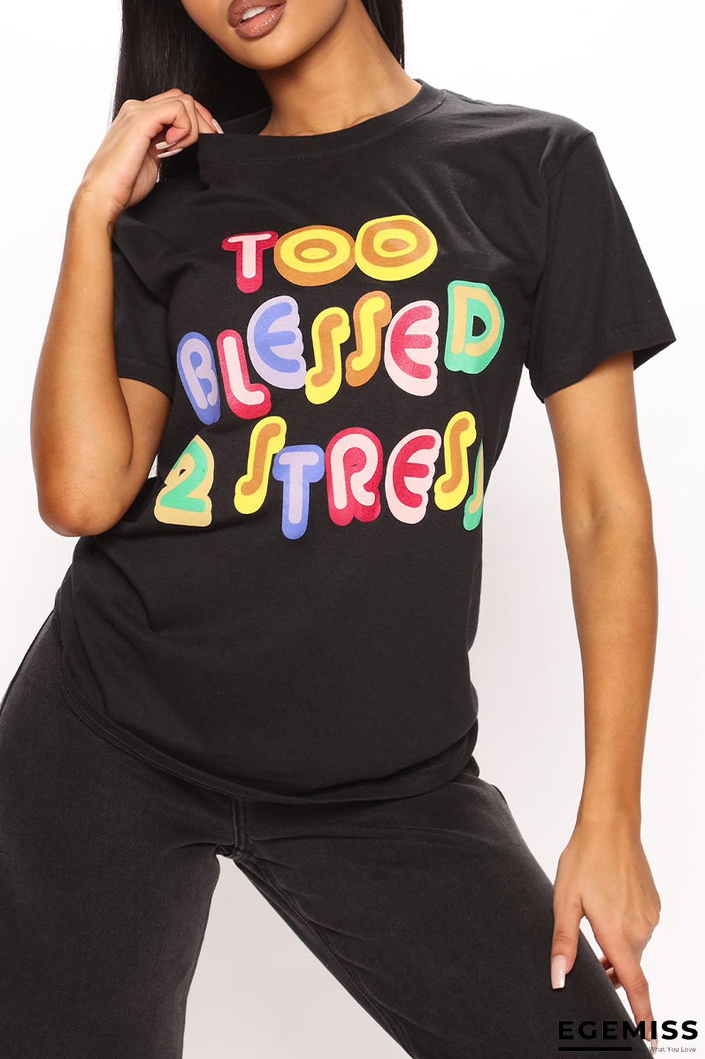 Black Fashion Street Print Patchwork Letter O Neck T-Shirts | EGEMISS