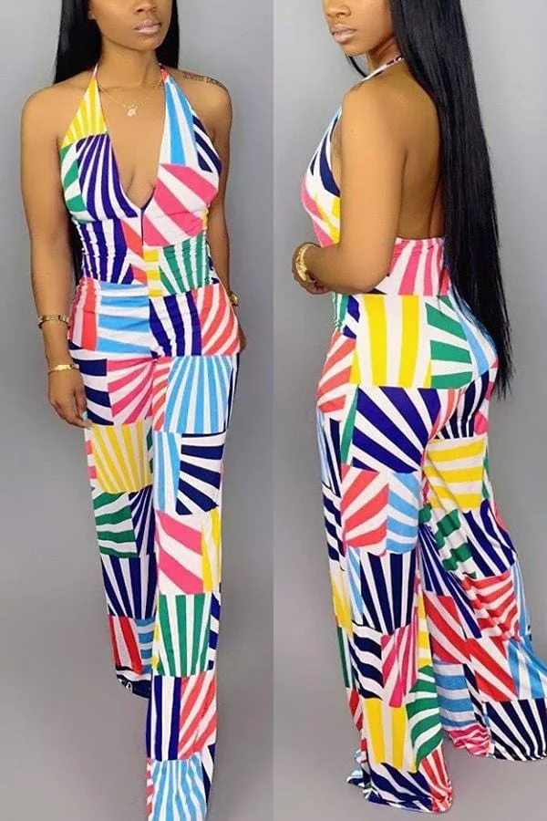 Fashion Sexy Line Print  Halter Jumpsuit