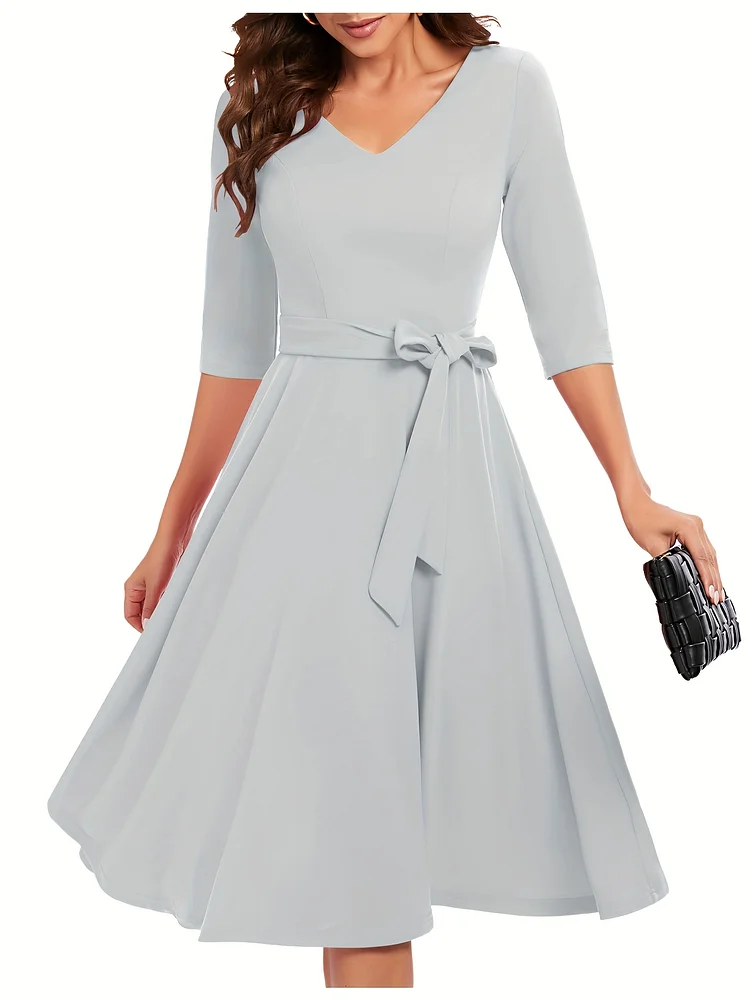 Women Casual Vintage Tea Dress Cocktail Prom Midi Church Dresses, V-Neck 3/4 Sleeves Dress