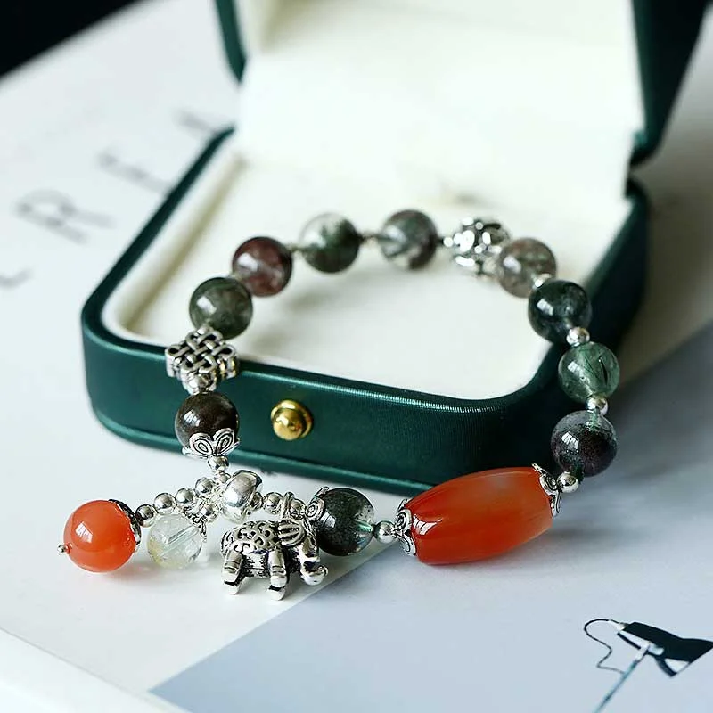 Green Phantom Red Agate Elephant Strength Healing Charm Bracelet