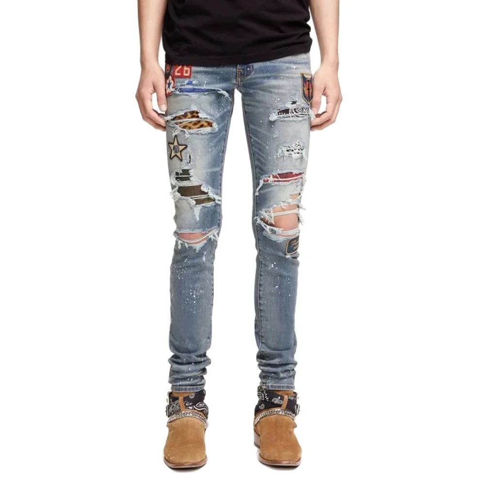 Men's Skinny Elastic Ripped Ink Print High Street Rapper Jeans