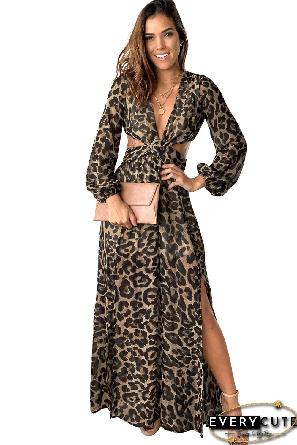 Front Knot Cut out Waist Leopard Maxi Dress