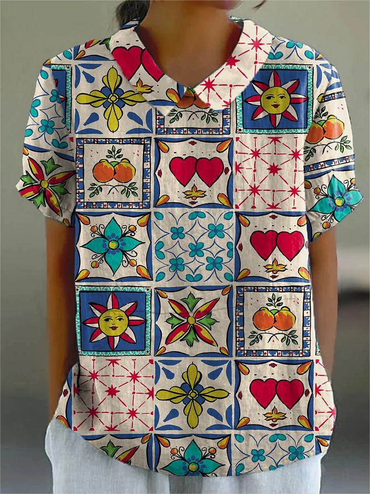 Women's Vintage Floral Heart Art Print Casual Cotton And Linen Shirt
