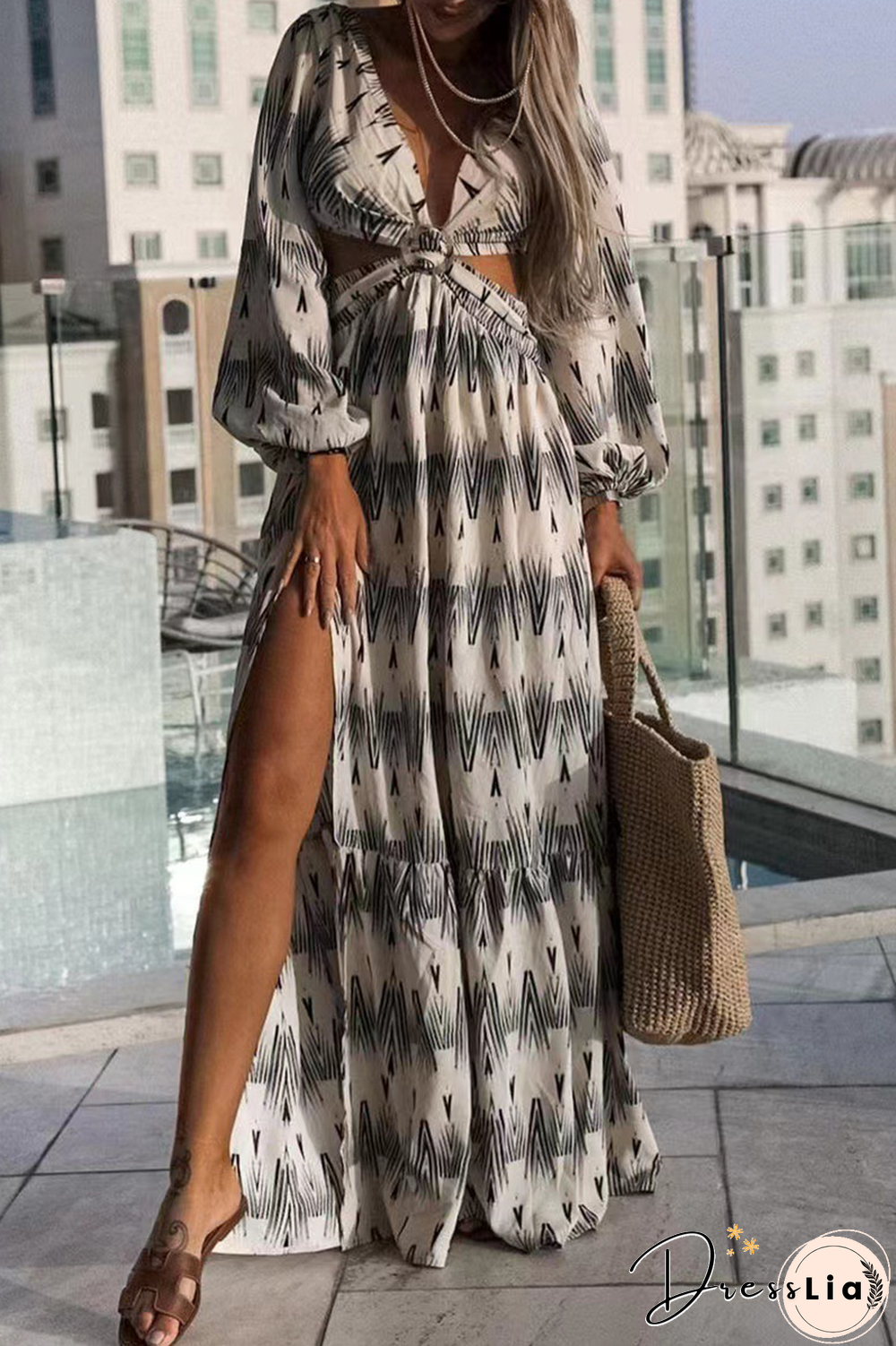 Fashion Print Hollowed Out V Neck Irregular Dress Dresses
