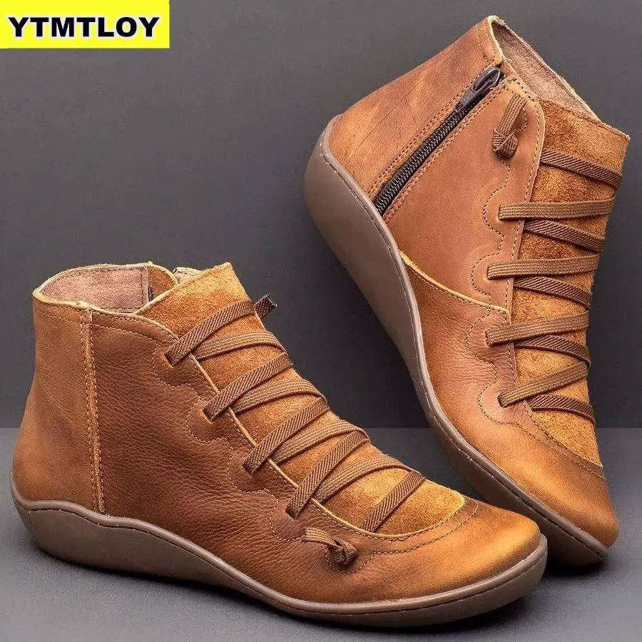 Womens Winter Snow Boots Genuine Leather Ankle Spring Flat Shoes Woman Short Brown Botas