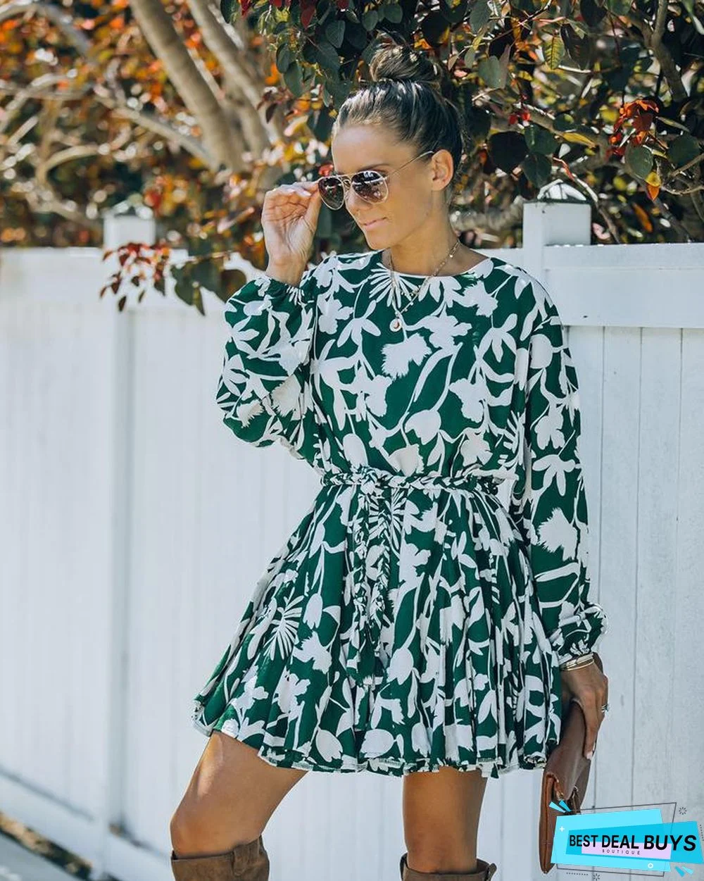 Printed Round Neck Long Sleeve Dress