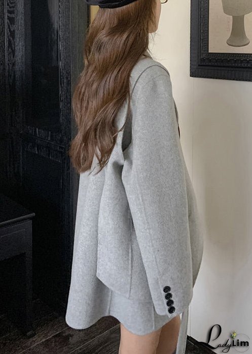 Chic Grey Button Pockets Patchwork Woolen Two Pieces Set Fall