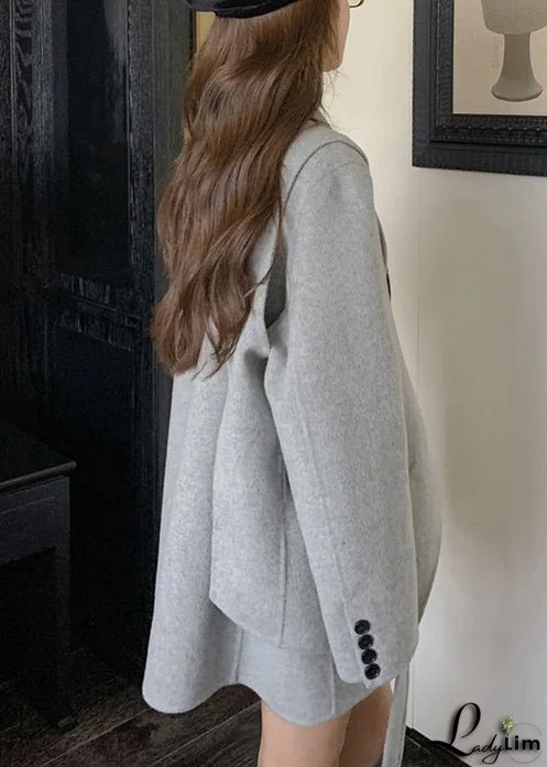 Chic Grey Button Pockets Patchwork Woolen Two Pieces Set Fall