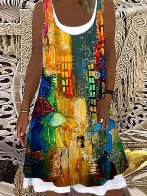 Women's U-neck Sleeveless Printed Midi Dress