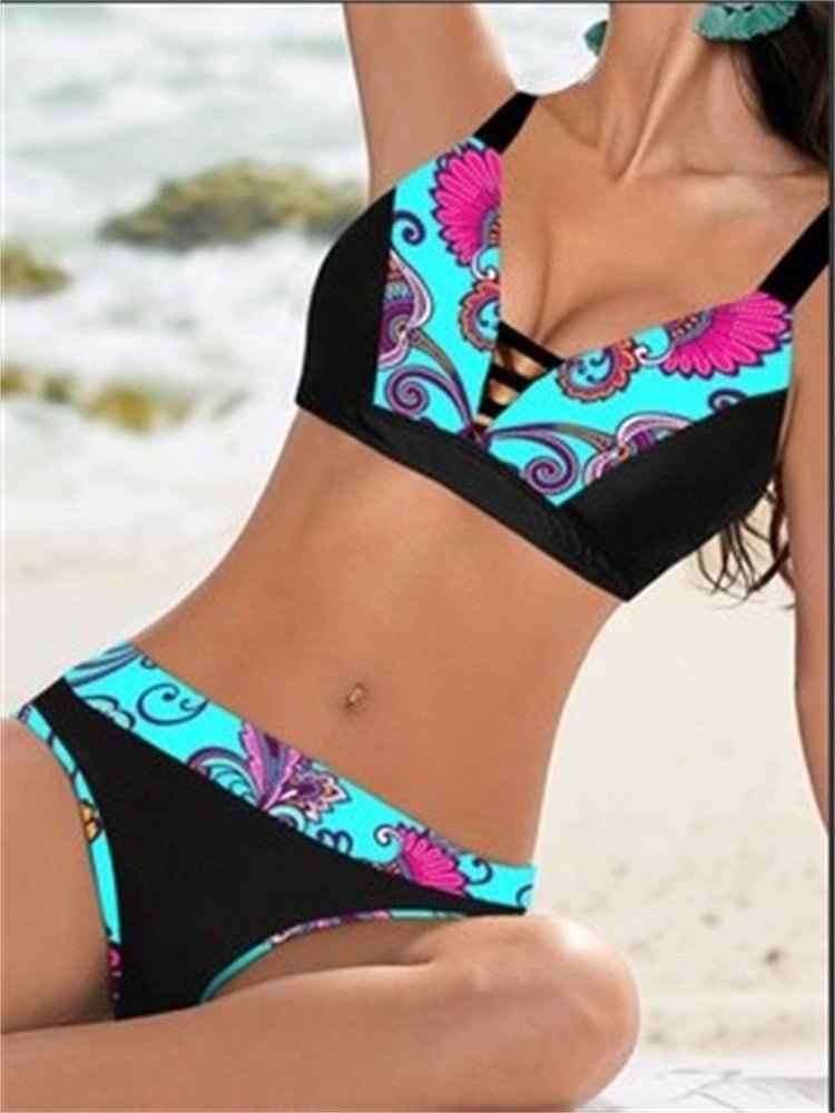 Women Graphic Sleeveless V-neck Colorblock Bikini Swimwear