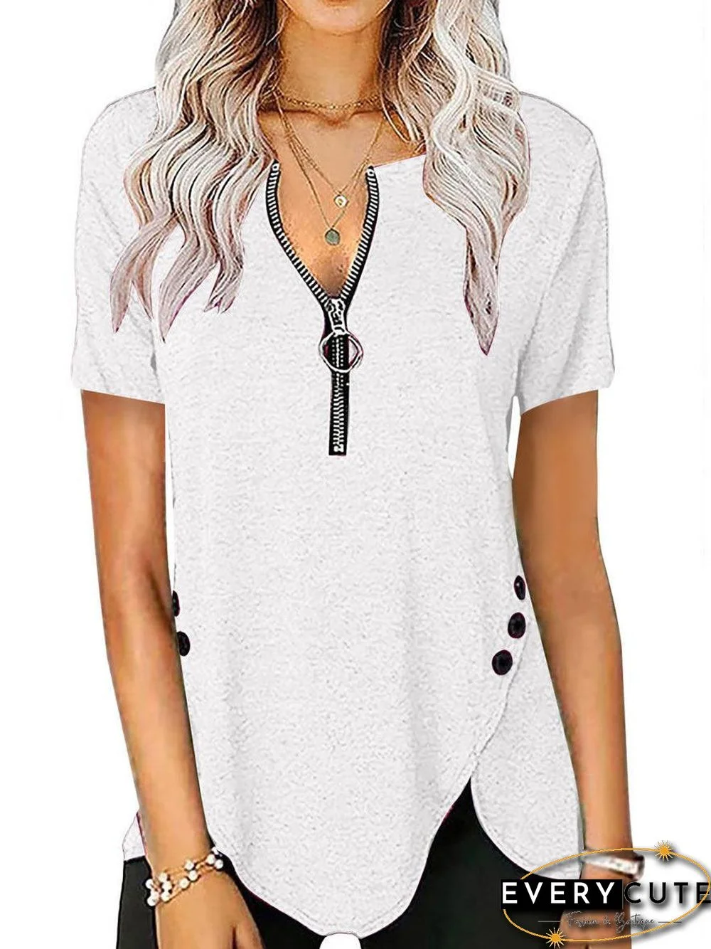 Round Neck Zipper Loose Casual Short-sleeved T-shirt