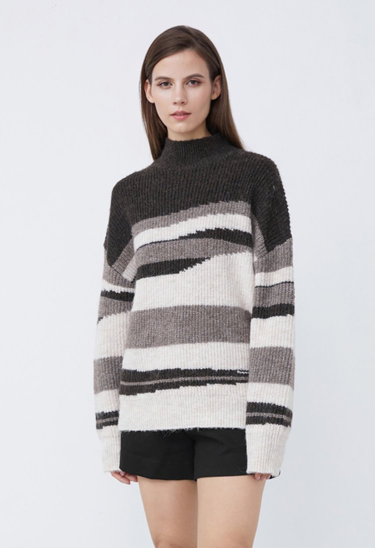 SDEER Half high collar contrast color drop shoulder sleeve loose knit sweater
