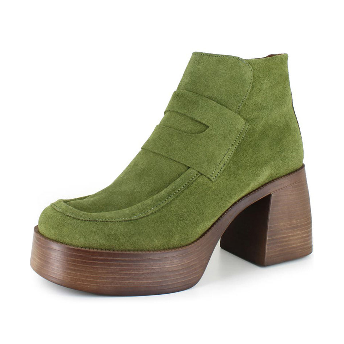 Green Round Toe Chunky Heel Zipper Platform Ankle Boots for Women Nicepairs