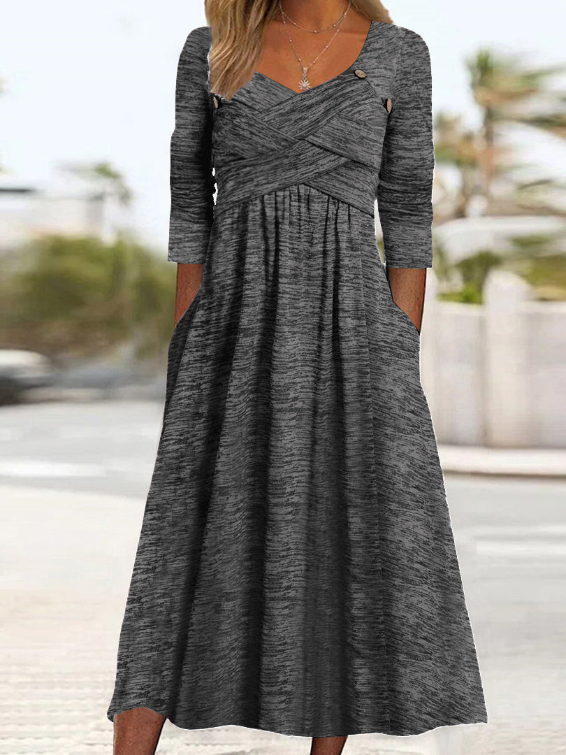 Women's Long Sleeve V-neck Cross Design Midi Dress