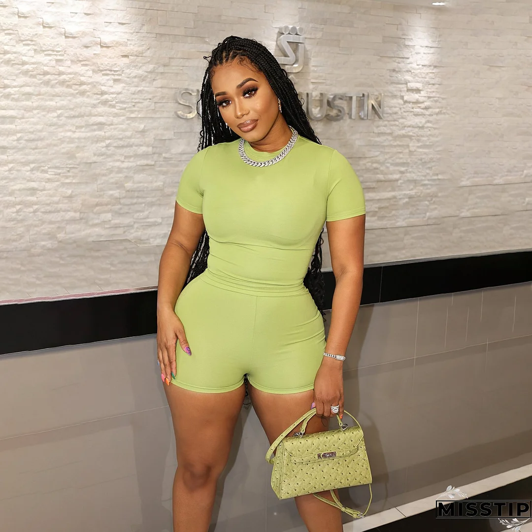 Summer solid color sports Casual short-sleeved shorts two-piece set