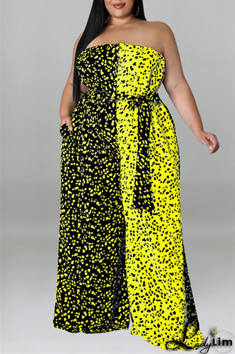 Purple Fashion Casual Print Split Joint Backless With Belt Strapless Plus Size Jumpsuits