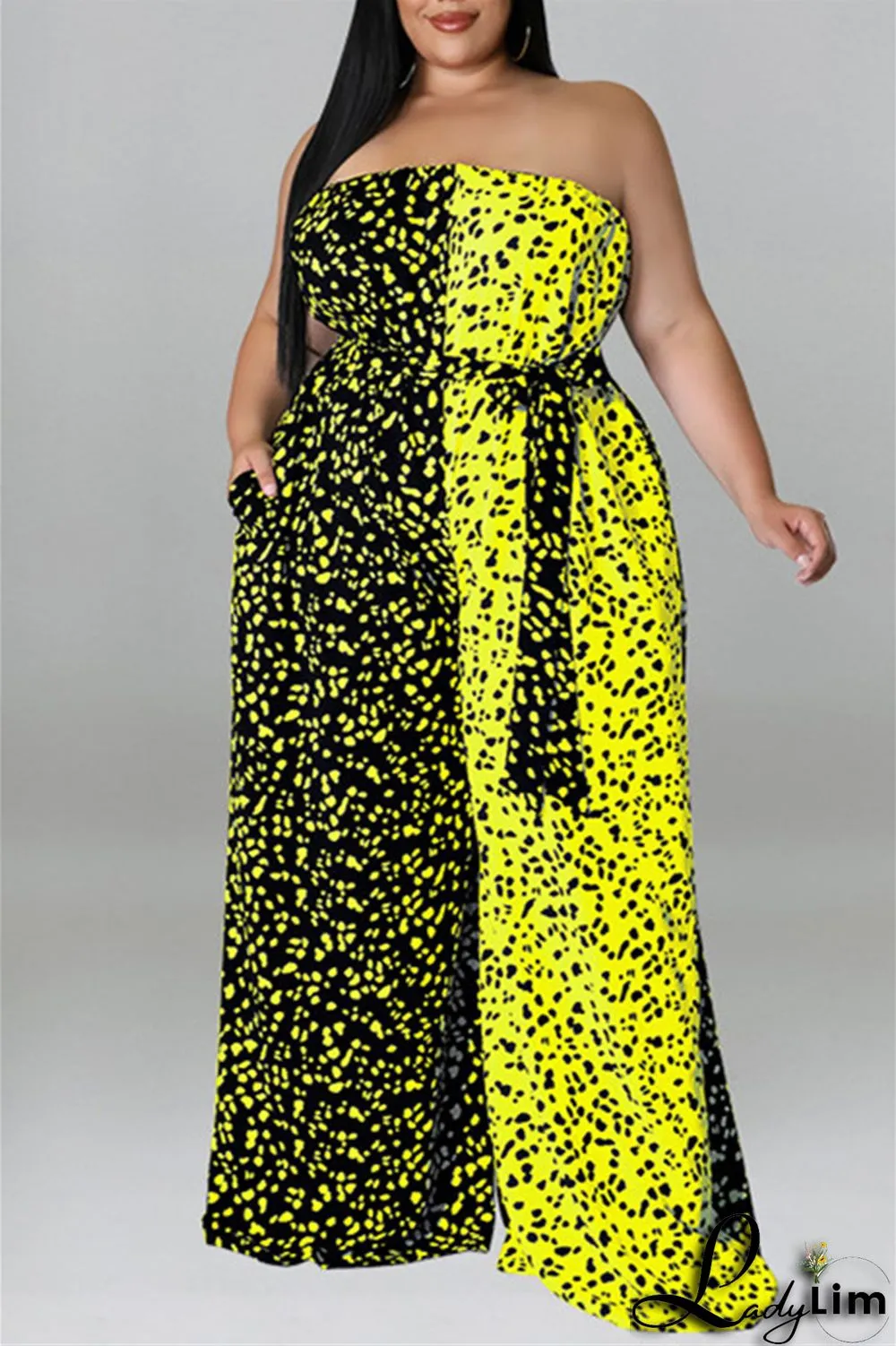 Purple Fashion Casual Print Split Joint Backless With Belt Strapless Plus Size Jumpsuits