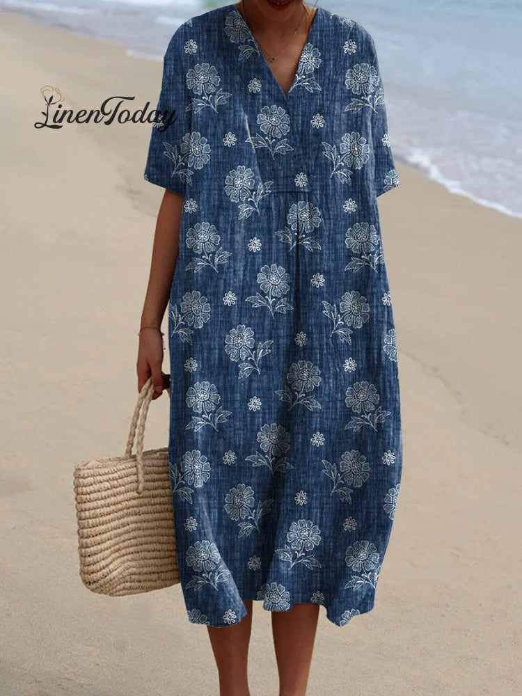 Women’s Vintage Ethnic Floral Art Print Flowy Dress / S