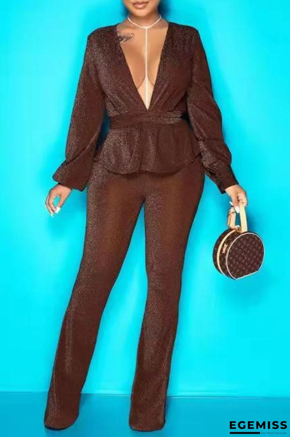 Dark Brown Sexy Solid Patchwork V Neck Long Sleeve Two Pieces | EGEMISS