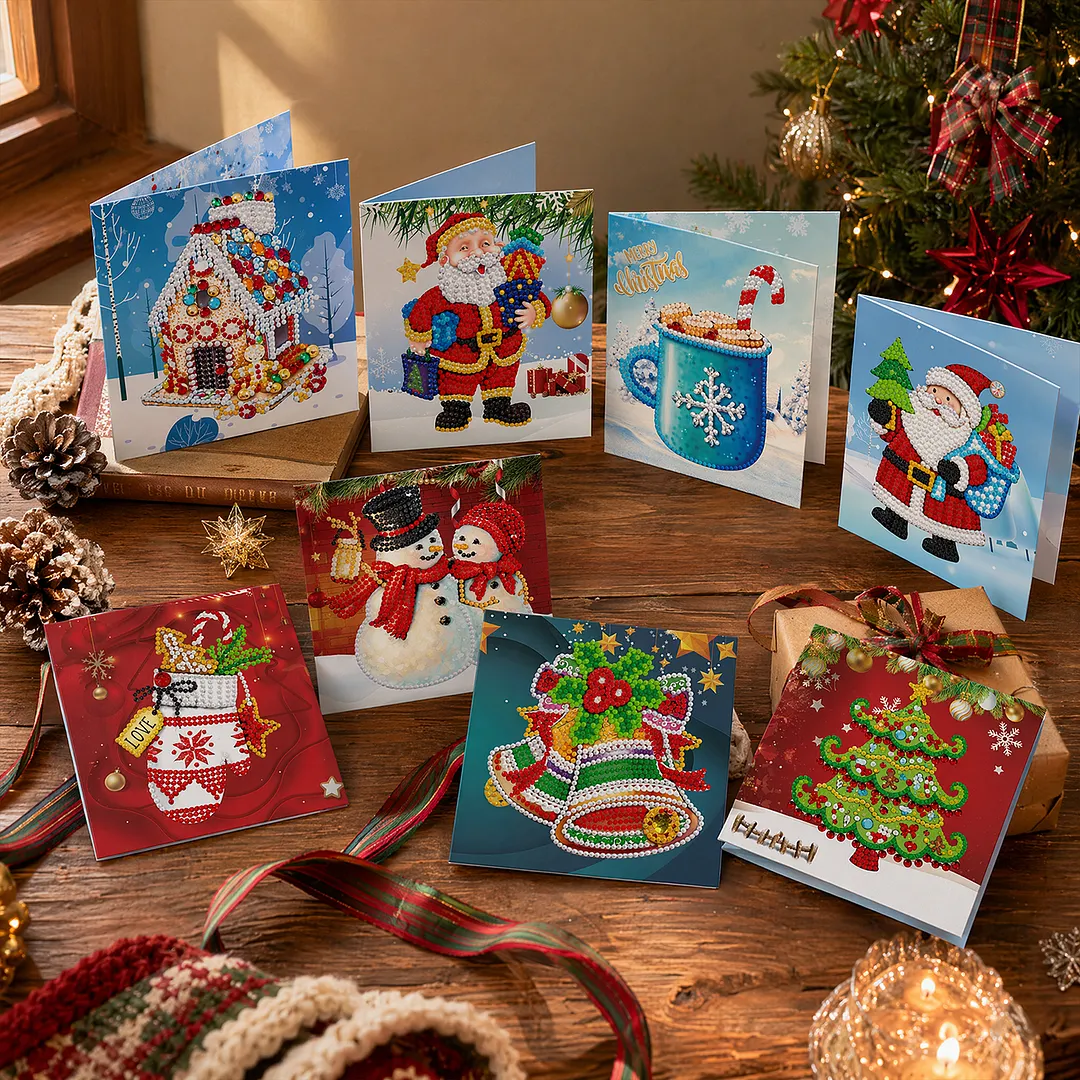 8PCS Merry Chrismas DIY Diamond Painting Greeting Card Kits with Envelopes Diamond Art Greeting Cards Diamond Art Cards Kits for Adults DIY Crafts Family Friend Gifts