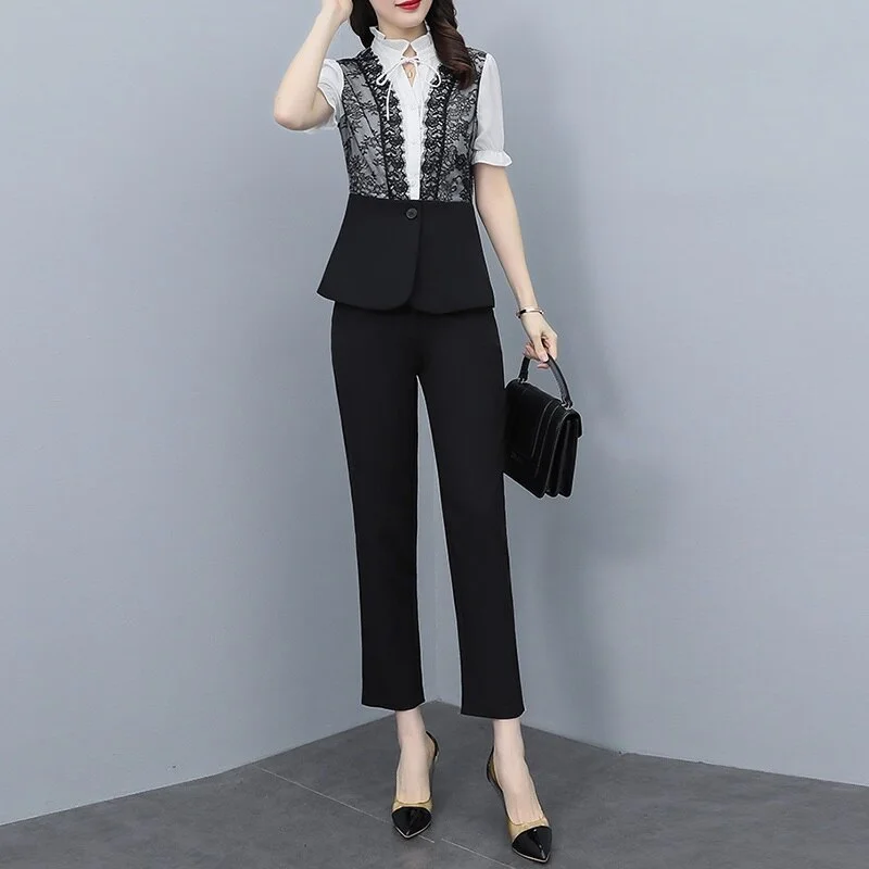 Budgetg Suit 2022 Sexy Lace Patchwork Blazer Waist Tops+Slim Pencil Pants Trousers Office Lady Business Two Piece Pants Set