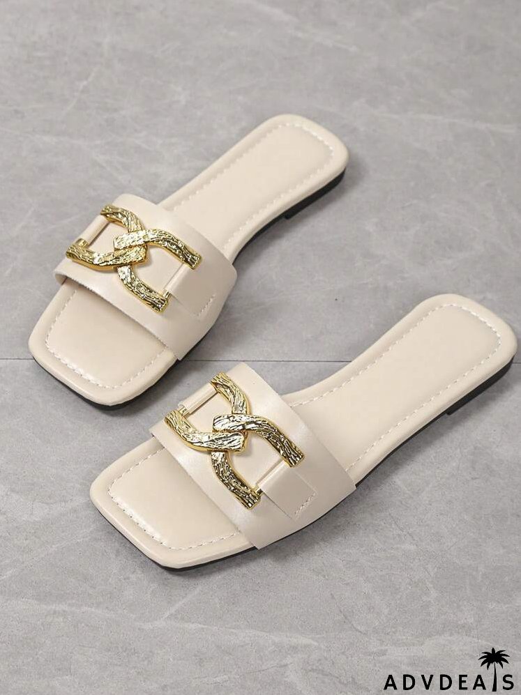 Fashionable Slide Sandals For Women, Metal Decor Single Band Flat Sandals