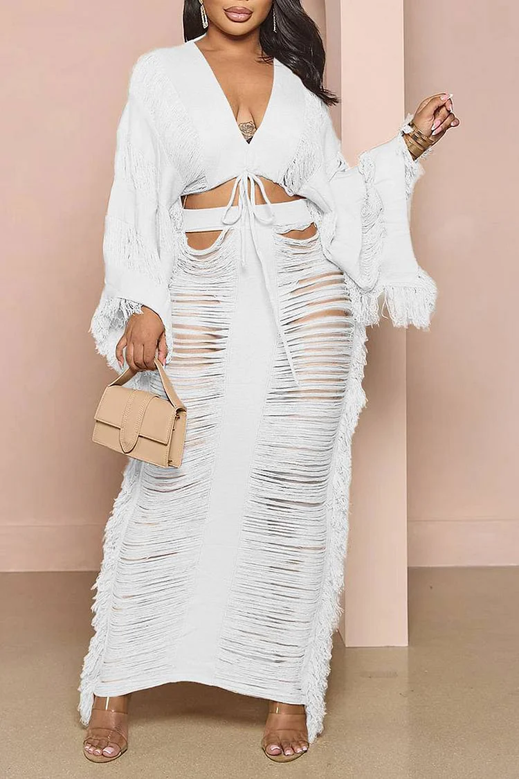 Xpluswear Plus Size White Daily Ripped Tassel Drawstring Two Pieces Skirt Set