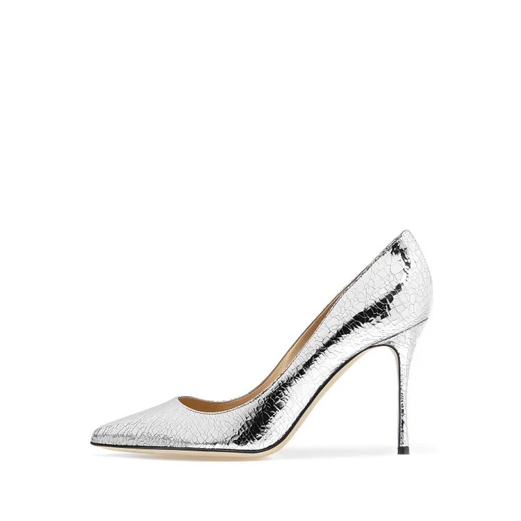 Silver Metallic Heels Pointy Toe Stiletto Heel Pumps |FSJ Shoes