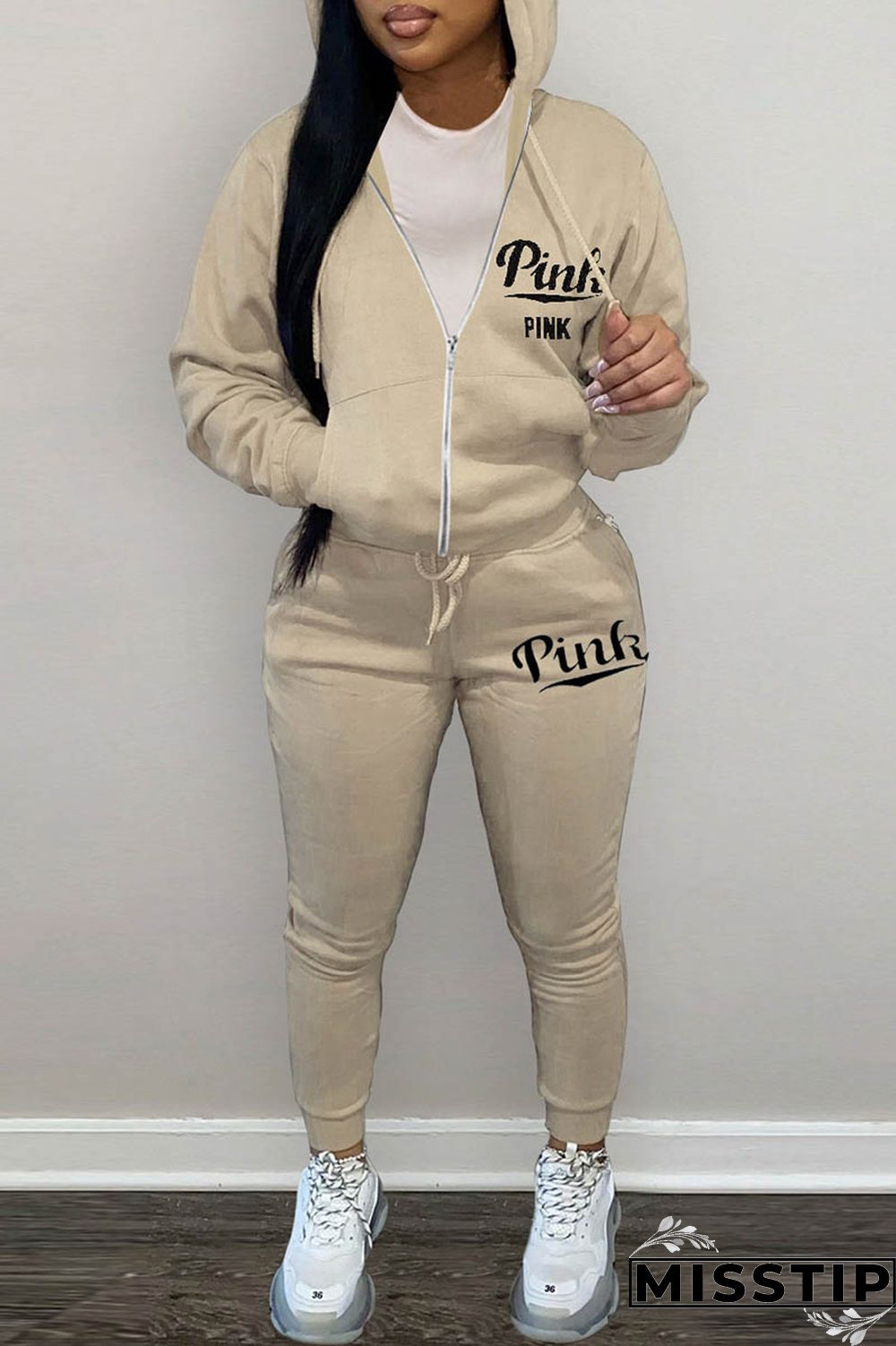 Brown Casual Letter Print Basic Hooded Collar Long Sleeve Two Pieces