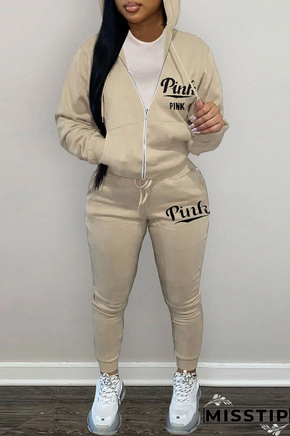 Brown Casual Letter Print Basic Hooded Collar Long Sleeve Two Pieces