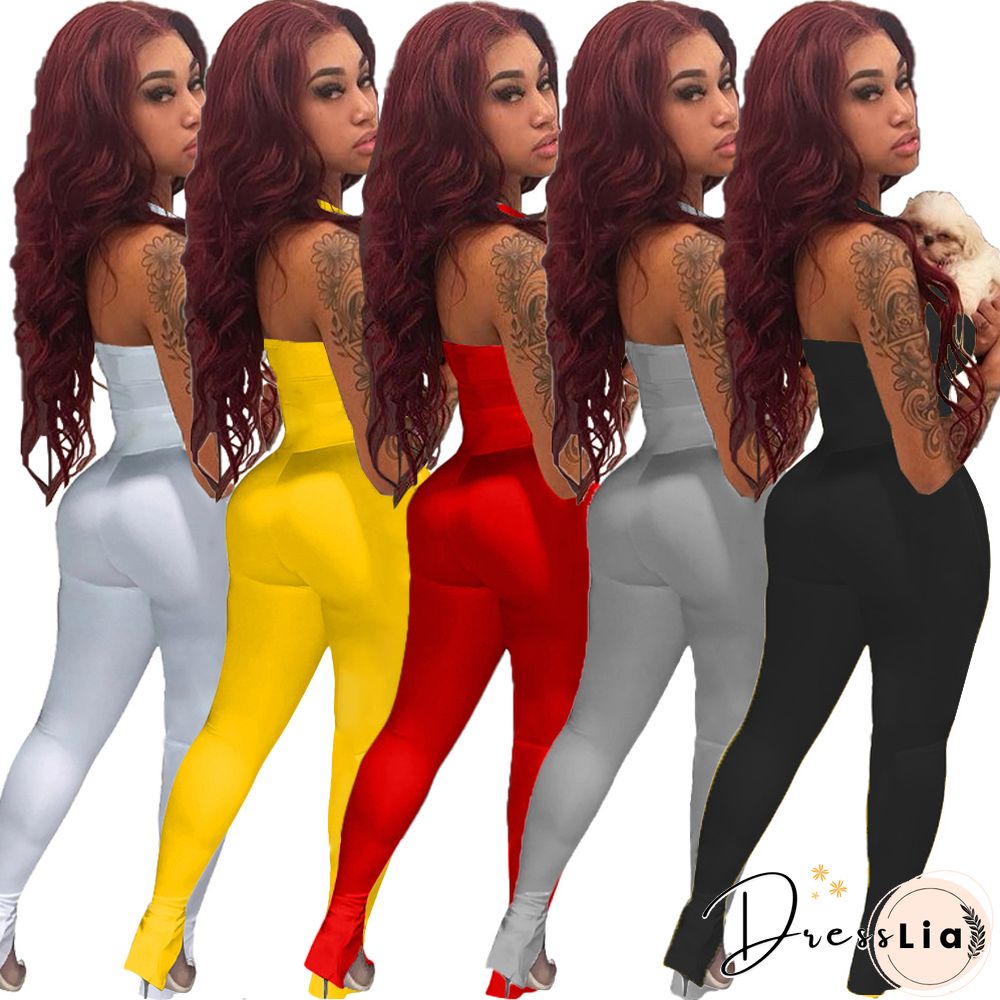 Women Solid Color Sportswear Sleeveless Halter Bodycon Jumpsuits