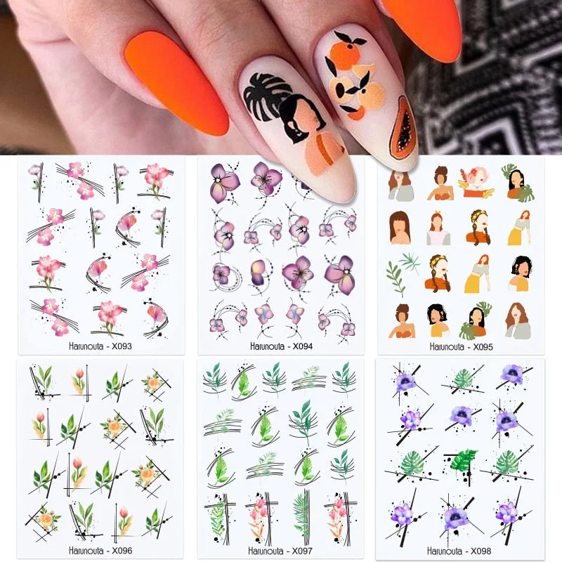 Harunouta 6Pcs Black Leaves Flower Water Decals Dandelion Geometrics Pattern Stickers Sliders For Nails DIY Decoration-Nail Inspo