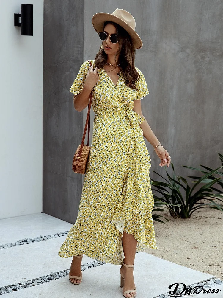 Floral Tied Flutter Sleeve Surplice Dress