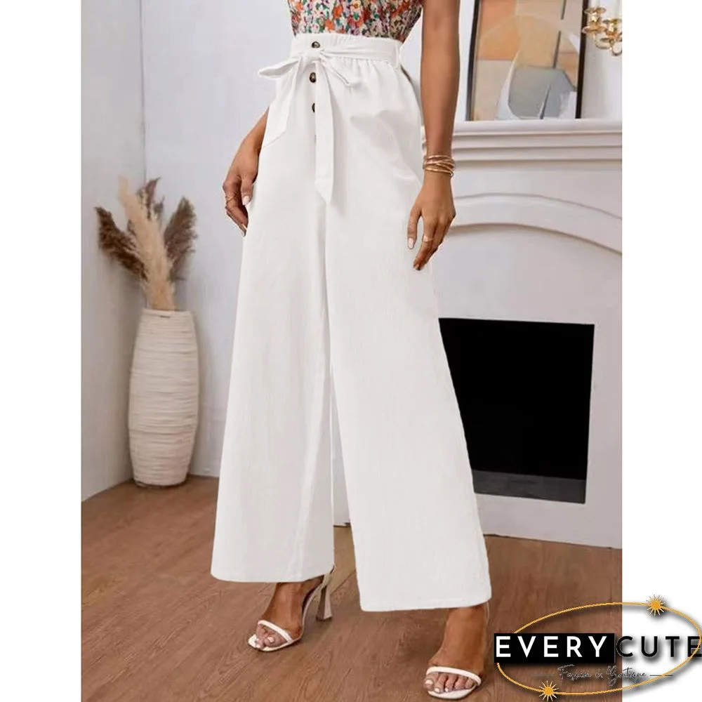 White Elastic Tie Waist Wide Leg Pants