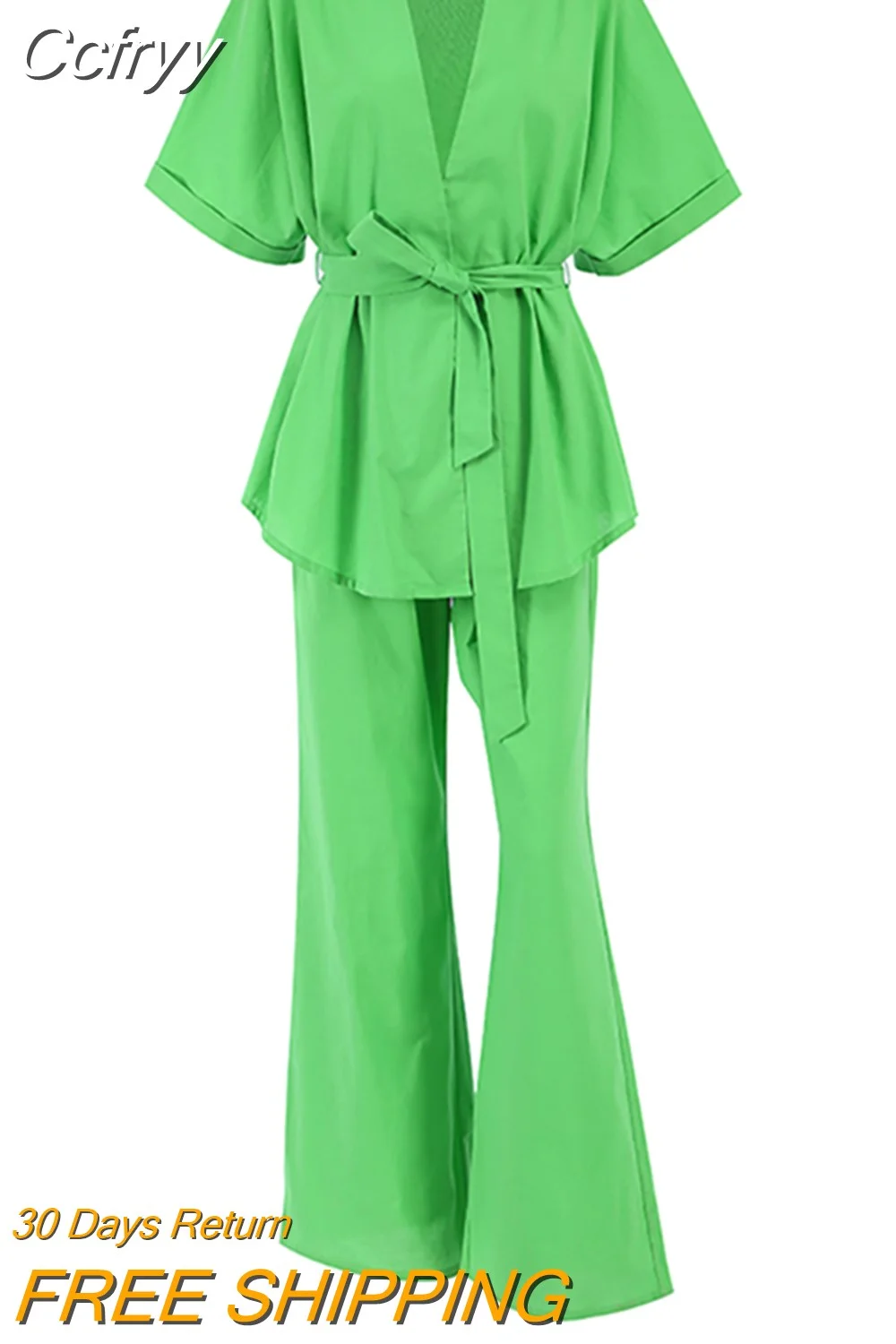Huibahe Green Vacation Trousers Suits Casual 2 Pieces Suits Half Sleeves Wrap Shirts And Wide Leg Pants Summer Outfits 2023
