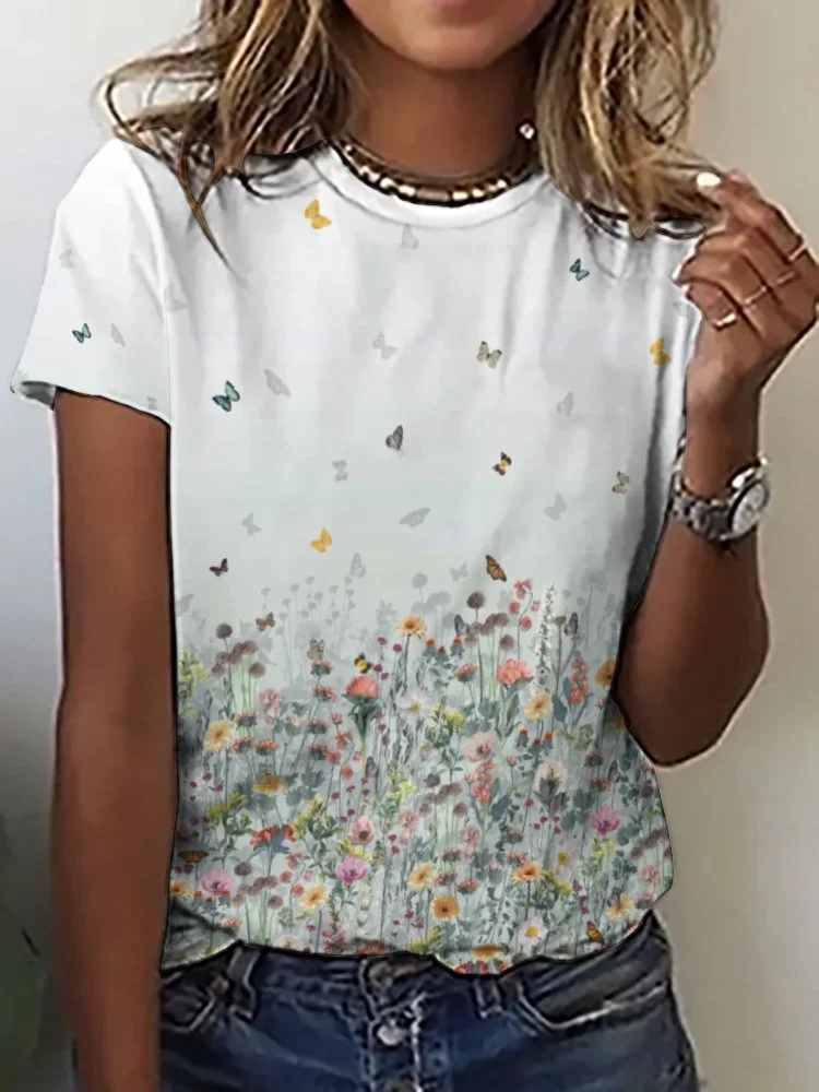 Printed Short Sleeve Casual T-shirt for  Women and Men Unisex Pattern Floral, Green, Red
