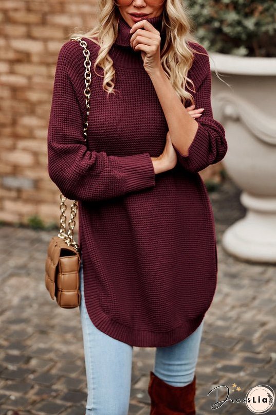 Irregular Hem Side Split Loose Pullover Turtleneck Sweater