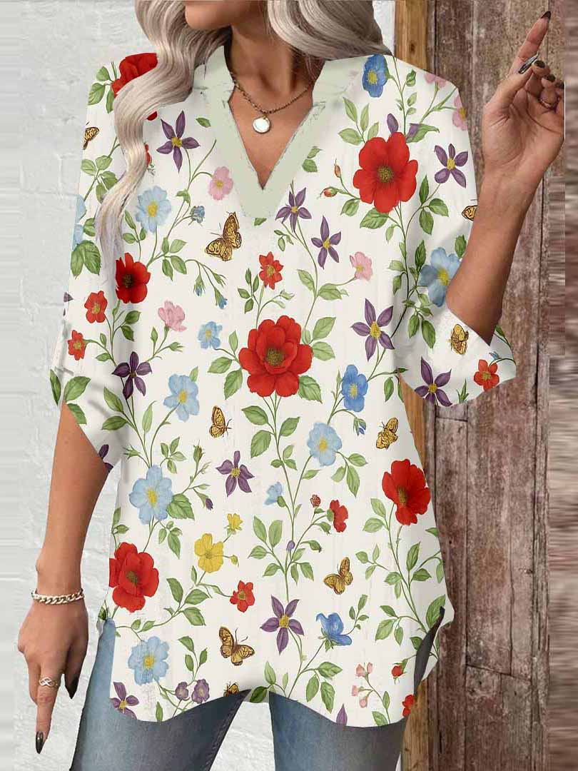 Women Floral,Red,Blue DZGA0257 3/4 Sleeve V-neck Printed Graphic Button Tops