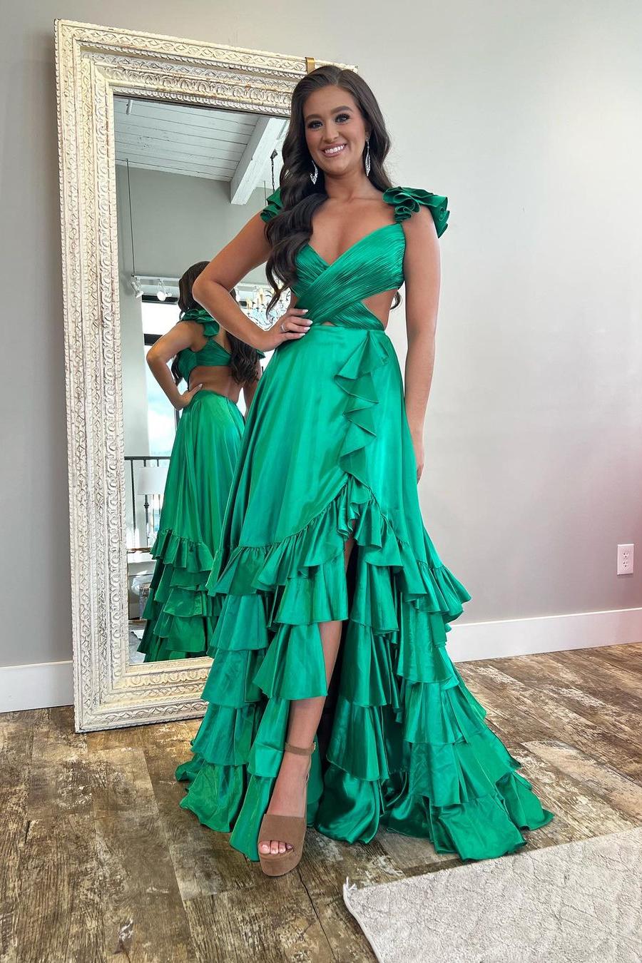 Lvs&Broner Straps Sleeveless Open Back Long Ruffles Prom Dress With Split