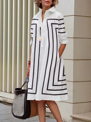 Image of Half Sleeves Loose Buttoned Striped Lapel Midi Dresses Shirt Dress