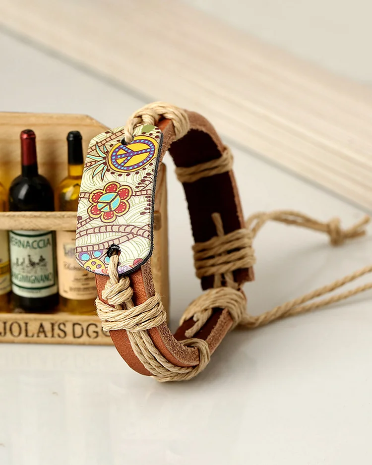 Men's Bohemian Hippie Peace Joy Pulse Leather Bracelet