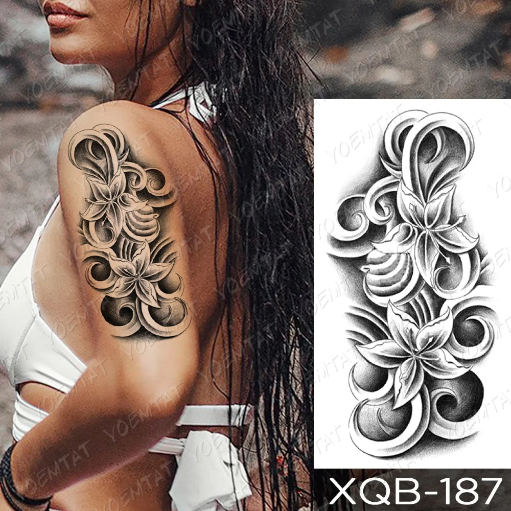 Waterproof Temporary Tattoo Sticker Sketch Lily Blue Rose Tattoos Totem Flower Rosary Body Art Arm Fake Sleeve Tatoo Women Men