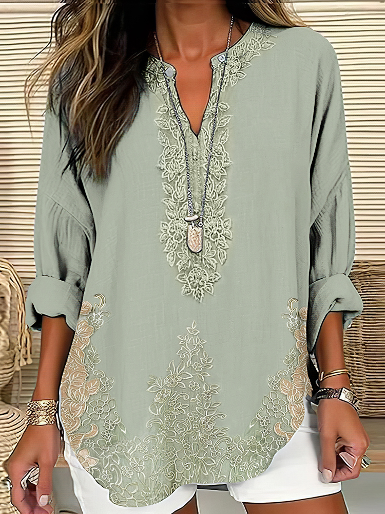 Comstylish Women's Retro Floral Art Linen Print Casual Shirt