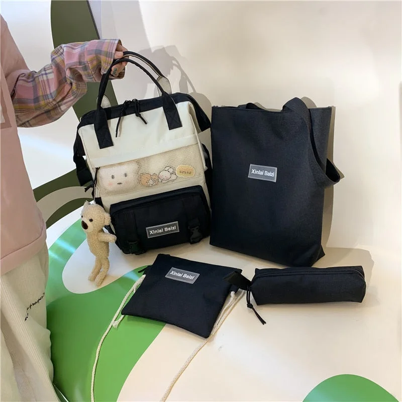 4 Pieces/ Set Korean Lovely Girl Backpack Bump Color Style Net Bag Teenagers Student Schoolbag Fashion Preppy Style Travel Bag