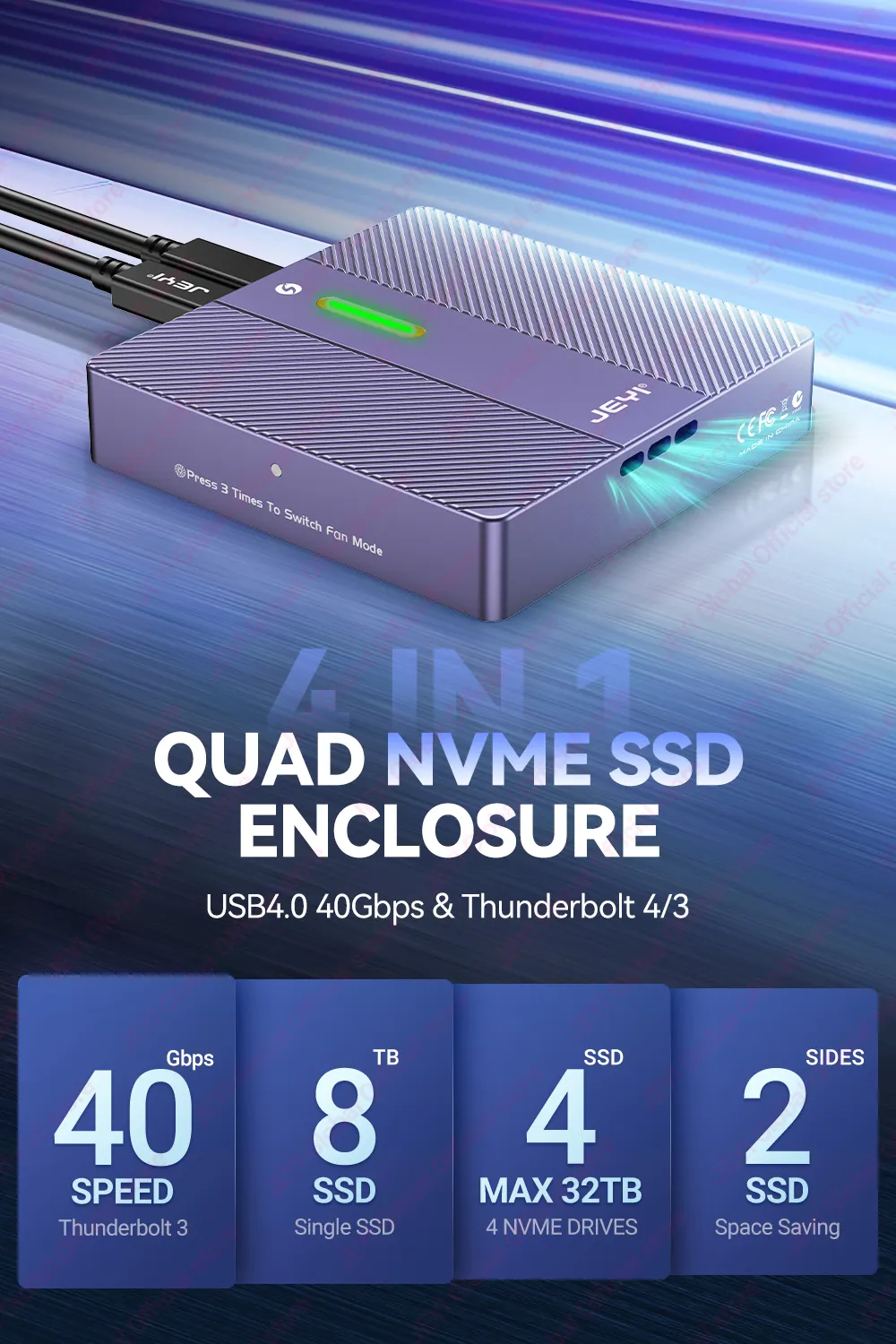 JEYI 4-Bay NVMe RAID Enclosure - Compatible with Thunderbolt 4