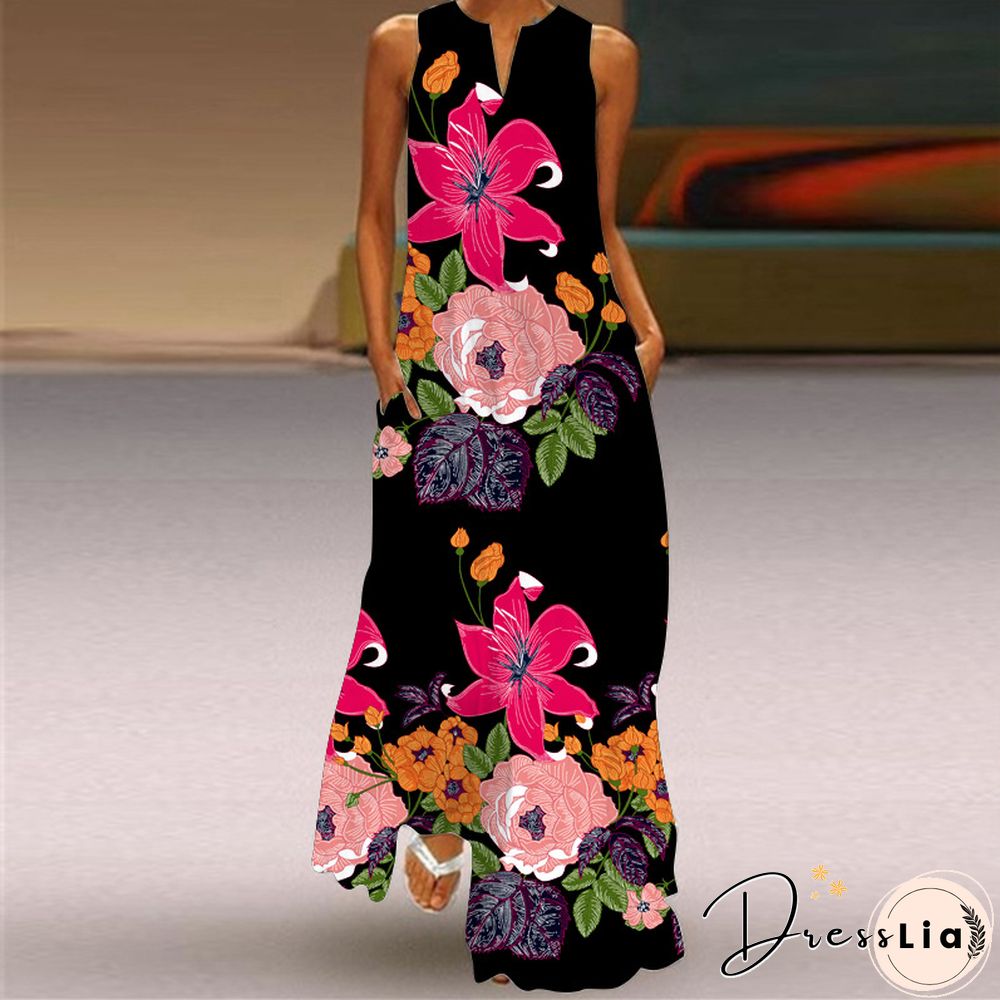 New Fashion Print Summer Dress Casual Sexy Boho Beach Women Party V-neck Sleeveless Pocket
